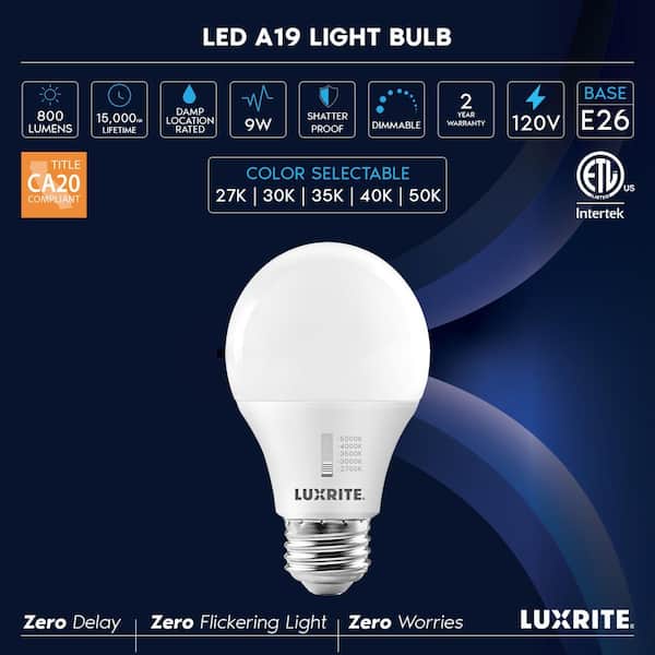 Light Bulb 60-Watt A19 LED Equivalent, CRI90,5CCT, Dimmable, 800 Lumens, 9-Watt, E26 (4-Pack)