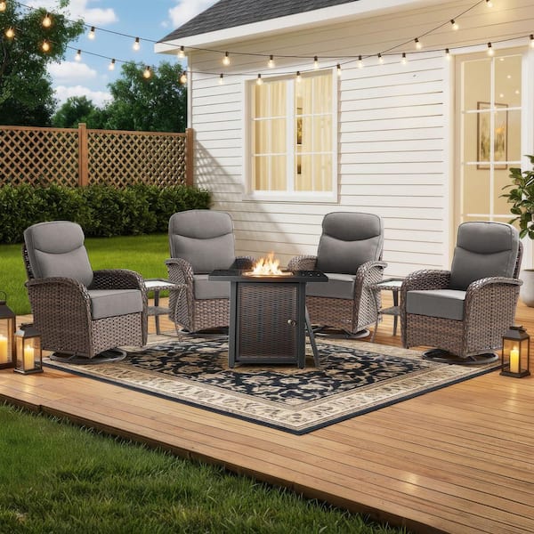 Moonridge 7-Piece Brown Wicker Fire Pit Conversation Set with 6 In. Olefin Gray Cushions / Patio Swivel Chairs