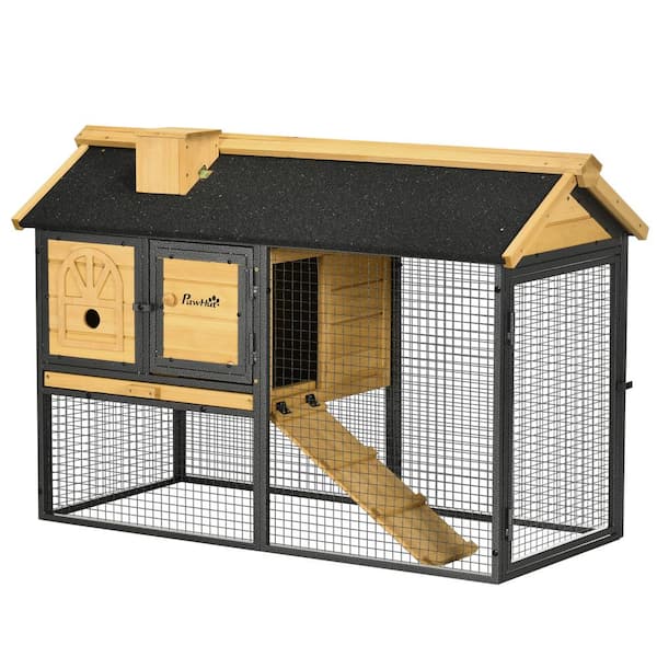 PawHut 47 in. Wooden Rabbit Hutch Outdoor with Run, Metal Frame, 2-Story Bunny Rabbit Cage with Removable Tray, Ramp