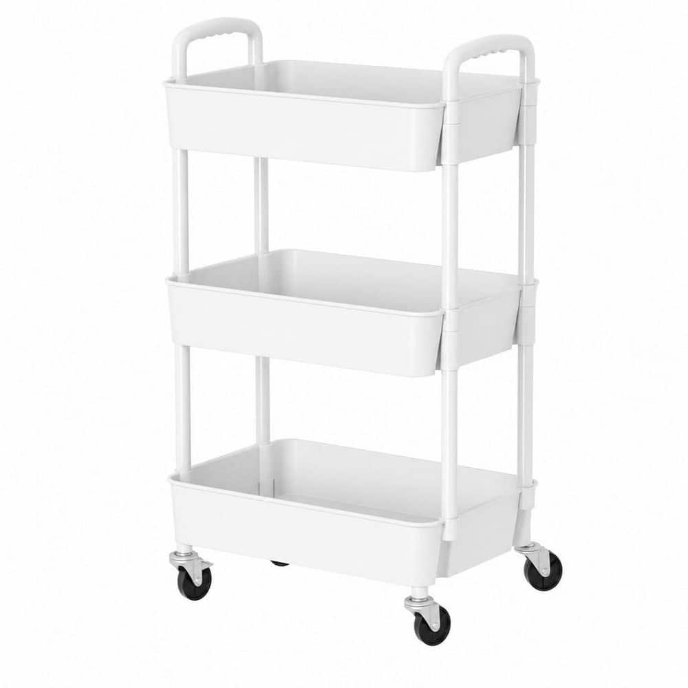3-Tier White Storage Organizer with Wheels and Classified Stickers, Utility Storage Carts for Bathroom, Laundry, Kitchen
