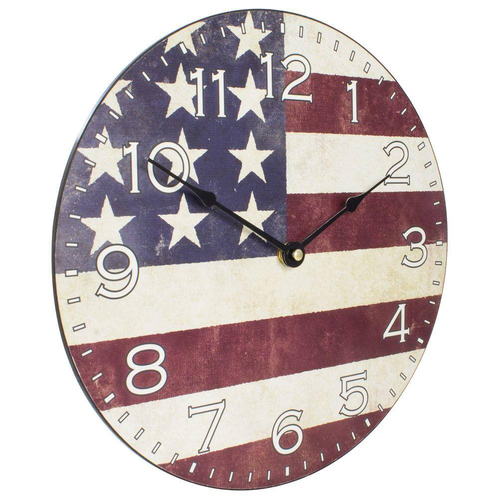 12-Inch Americana Flag Wood Round Analog Wall Clock