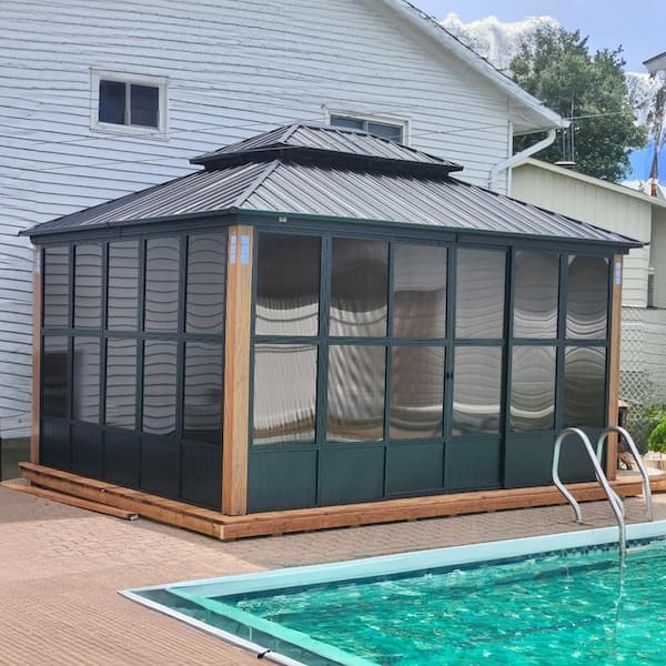 12ft. x 14ft. Sunroom Hardtop Gazebo Solarium Galvanized Steel Double Roof Aluminum PC Mesh Screen House Backyard Brown