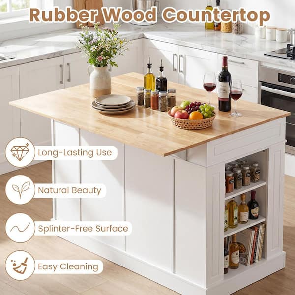 Gymax White Large Wood Top 47 in. Kitchen Island Drop Leaf