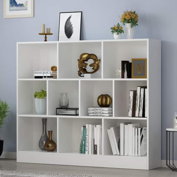 FUFU&GAGA 40.9 in. H x 47.2 W White Wood 10-Shelf Freestanding Standard Bookcase Display Bookshelf With Cubes