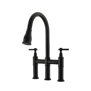 Double Handle Pull Out Sprayer Bridge Kitchen Faucet in matte black