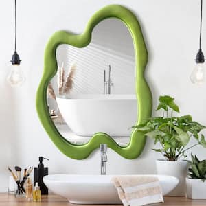 24 in. W x 32 in. H Irregular Avocado Green Wall-mounted Mirror Flannel Wrapped Wooden Frame Decorative Wavy Mirror