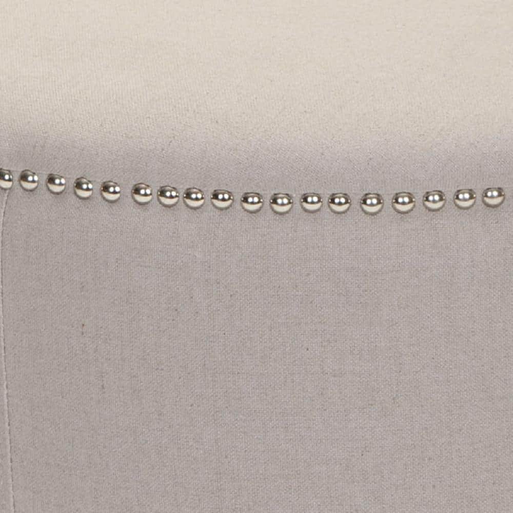 Transitional Round Beige Linen Ottoman with Nailhead Trim