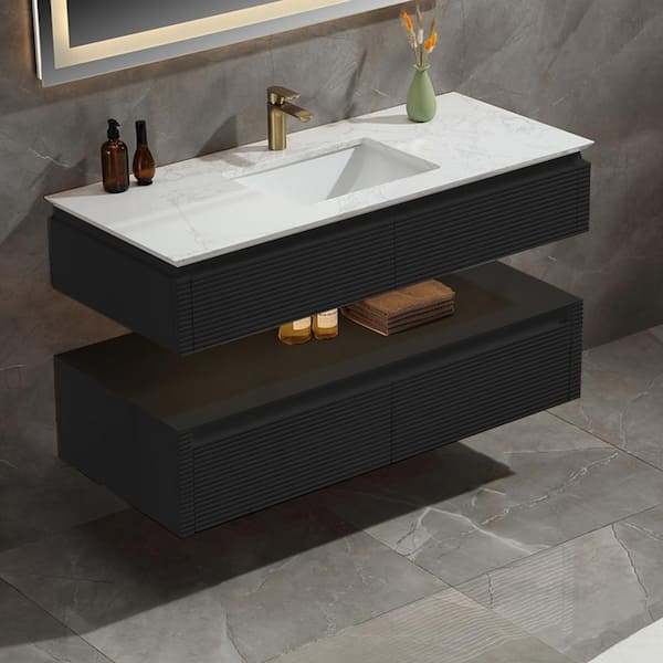 Lonni 48 in. W X 20.7 in. D X 19.6 in. H Single Wall Hung Bath Vanity in Black Tone with White Engineered Marble Top