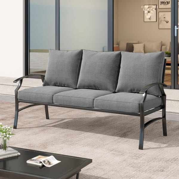 3-Seat Metal Outdoor Patio Sofa Sectional Couch with Gray Cushions