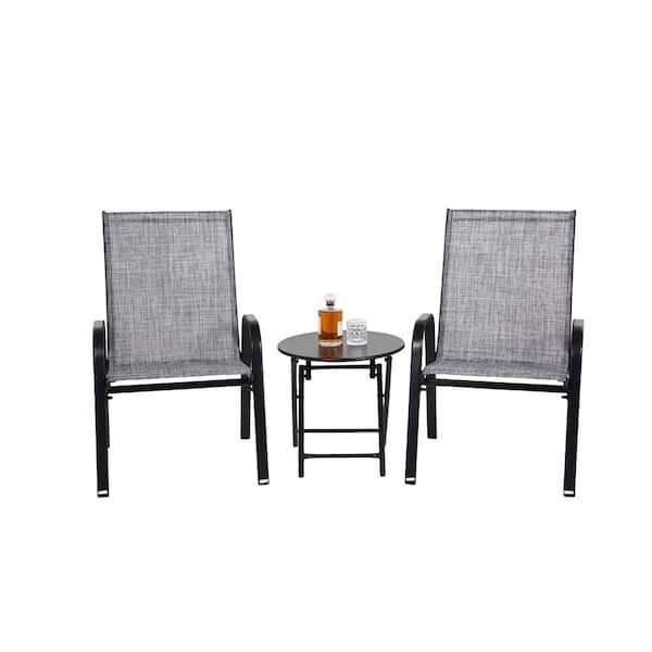 Zeus & Ruta Gray 3-Piece Metal Outdoor Patio Conversation Set with Breathable Textilene Fabric and Coffee Table for Balcony Backyard