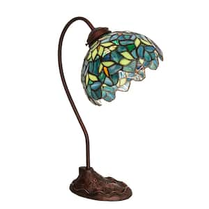 Wisteria 18 in. Mahogany Bronze Armed Dimmable Rustic Desk Lamp with Stained Glass Shade