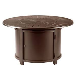 44 in. x 44 in. Brown Round Aluminum Propane Fire Pit Table with Glass Beads, 2 Covers, Lid, 55,000 BTUs