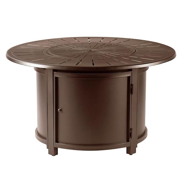Oakland Living 44 in. x 44 in. Brown Round Aluminum Propane Fire Pit Table with Glass Beads, 2 Covers, Lid, 55,000 BTUs