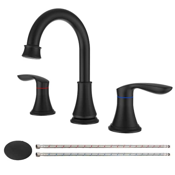 YONKI SUNSHIN INC 8 in. Widespread Double Handle Bathroom Faucet with Pop Up Drain Assembly in Matte Black