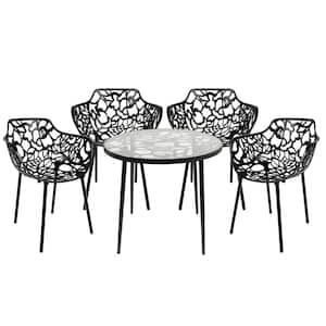 Devon Modern 5-Piece Aluminum Outdoor Dining Set with Glass Top Table and 4 Stackable Flower Design Arm Chairs (Black)