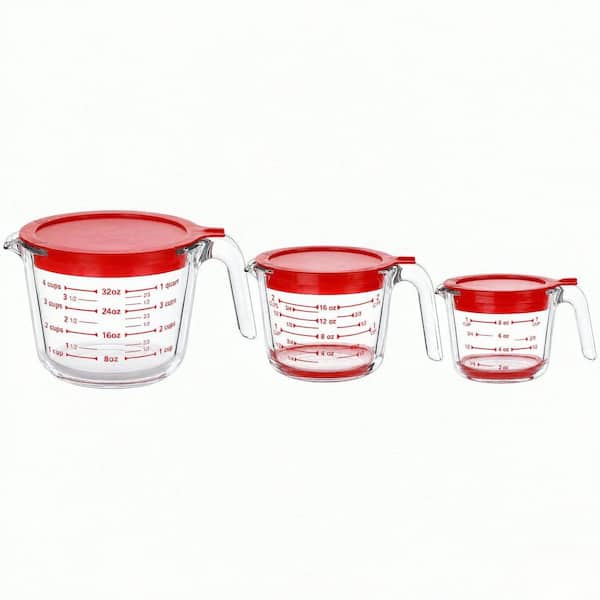 3-Piece Glass Measuring Cups Set with Lids and Handle, Nesting Liquid Measuring Cups for Kitchen Cooking