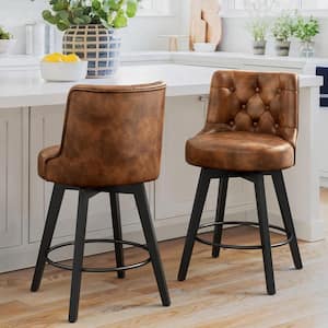 Rowland 26.5 in Seat Height Brown Faux Leather Counter Height Solid Wood Leg Swivel Bar stool（Set of 2）