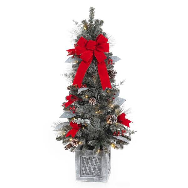 Home Accents Holiday 4 ft. Pre-Lit Snowy Pine Porch Artificial Tree with 50 Clear Battery Operated LED Lights and Timer Function