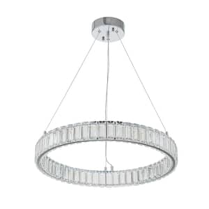 Ccrystal 23.6 in. 1-Light Chrome Integrated LED Chandelier Wagon Wheel Clear Crystal Pendant for Froyer