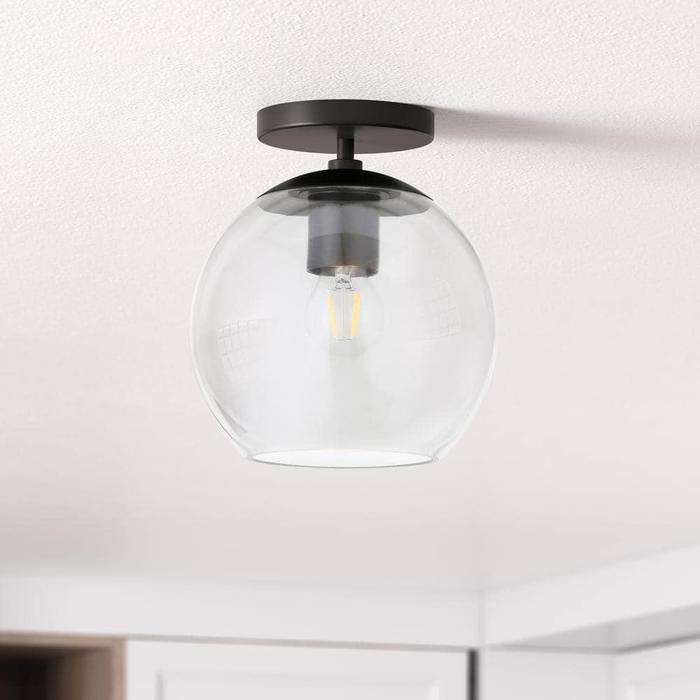Matte Black and Clear Glass Globe Semi Flush Mount