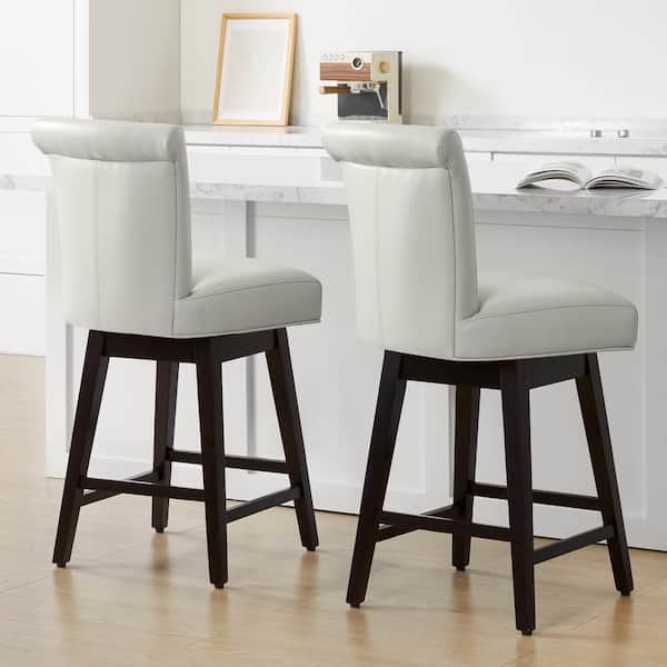 Dennis 26 in. Light Gray High Back Solid Wood Frame Swivel Counter Height Bar Stool with Faux Leather Seat(Set of 2)