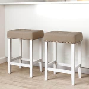 Hylie 24 in. Natural Flax Nailhead Saddle Cushion White Wood Counter Height Bar Stool, Set of 2