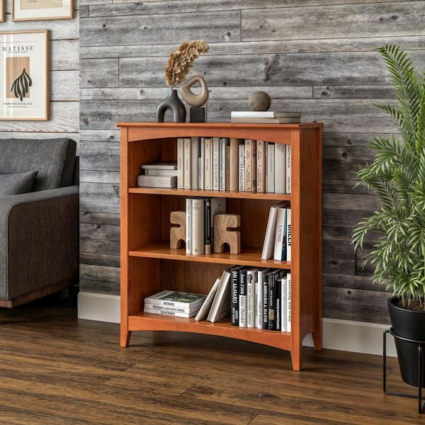 Shaker Style 36 in. Cherry Wood 3-shelf Standard Bookcase with Adjustable Shelves