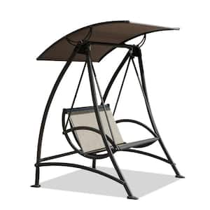 Outdoor 2-Seat Dark Brown Metal Patio Swing with Adjustable Canopy, Patio Swing Glider for Garden, Deck, Porch, Backyard