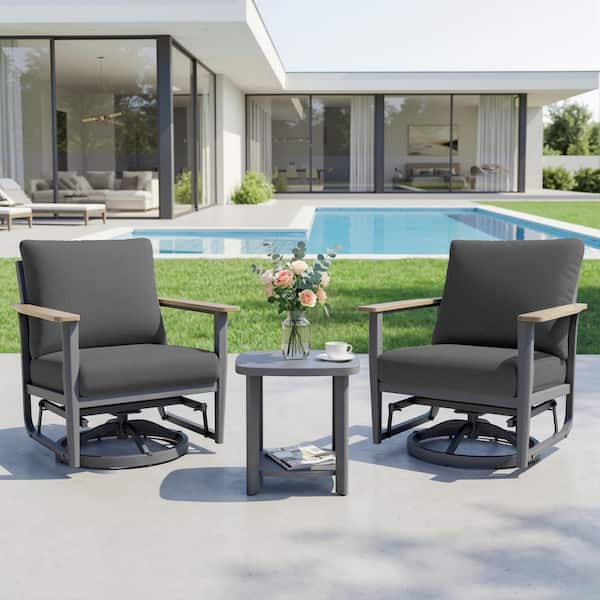 3- Piece Aluminum Outdoor Rocking Chair Set with Side Table and Dark Gray Cushions