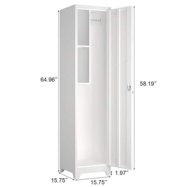 White 65 in. Metal Broom Storage Cabinet with Lockable Door Adjustable Hooks and Utility Shelves