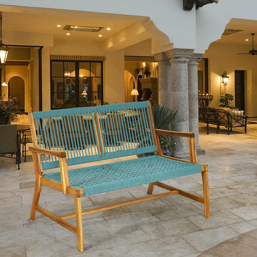 Turquoise Acacia Wood and Rope 2-Person Outdoor Bench