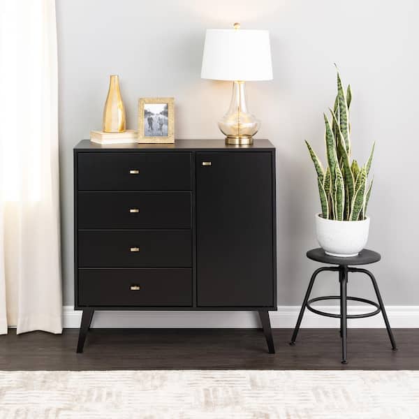 Prepac Milo Mid Century Modern 4-Drawer Black Chest of Drawers with Door 37.75 in. H x 37.5 in. W x 16 in. D