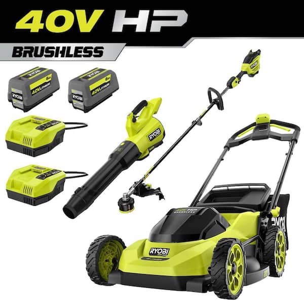 40V HP Brushless 20 in. Cordless Battery Walk Behind Push Mower, Blower & String Trimmer w/ (2) Batteries & (2) Chargers