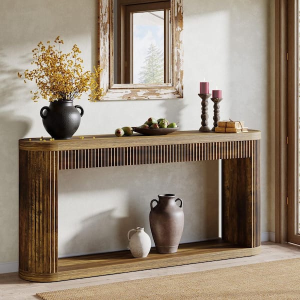 TRIBESIGNS WAY TO ORIGIN Benjamin 63 in. Vintage Rectangle Wood Fluted Console Table for Entryway, Long Sofa Table Behind Couch Table