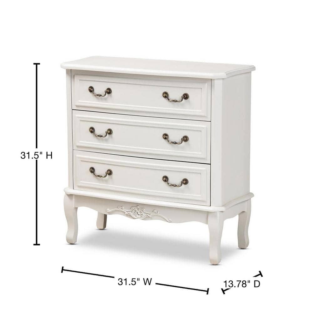 Gabrielle White 3-Drawer Wood Dresser with Brass Handles