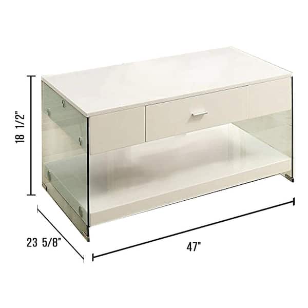 Raya 47 in. White/Clear Large Rectangle Wood Coffee Table with Drawers