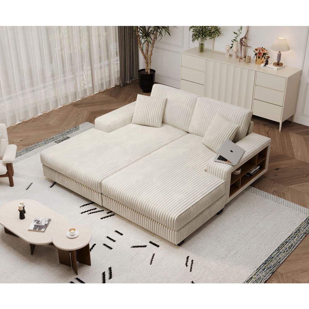 Isaac 79.5 in. Beige Corduroy Upholstered Sleeper Queen Size Sofa Bed Double Chaise Lounge with Storage Arms and Pillows price history on PriceWatchPro
