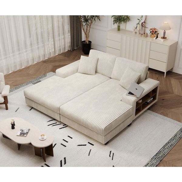 Isaac 79.5 in. Beige Corduroy Upholstered Sleeper Queen Size Sofa Bed Double Chaise Lounge with Storage Arms and Pillows