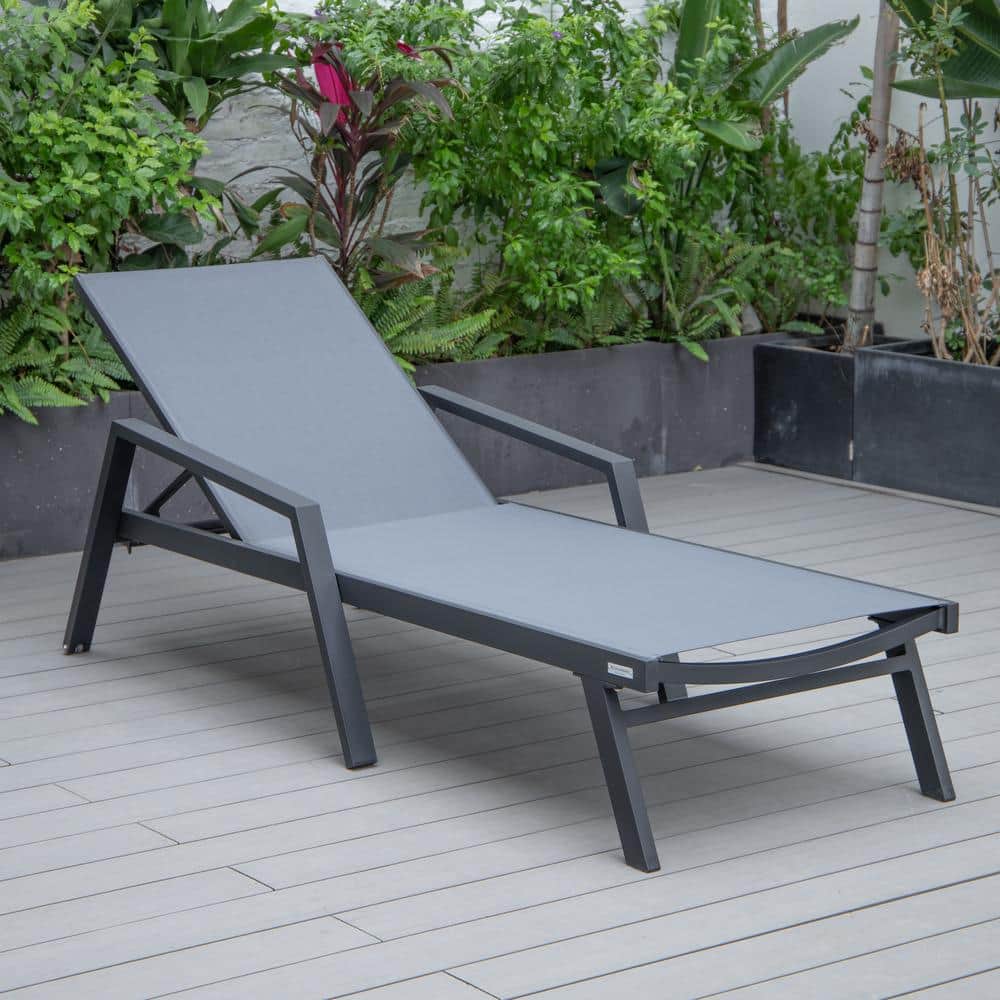 Dark Gray Aluminum Patio Chaise Lounge Chair with Arms and Cushions