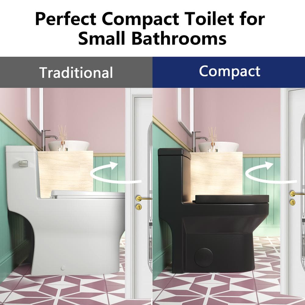Compact Black Ceramic Dual Flush Round Toilet with Quiet-Close Seat