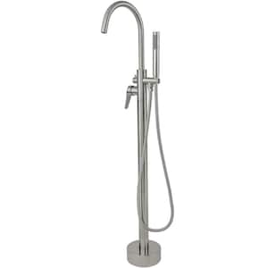 Single-Handle Floor Mount Freestanding Tub Faucet with Hand Shower in Brushed Nickel