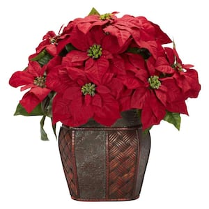 18 in. H Red Poinsettia Arrangement with Decorative Vase Artificial Silk