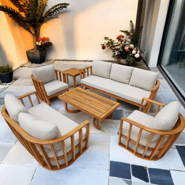 Helga 6-Piece Acacia Wood Patio Conversation Set With Gray Cushions
