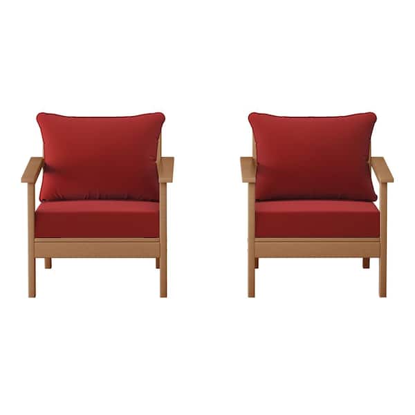 Birchwood Teak Outdoor Patio (Set of 2) Deep Seating HDPE Lounge Chairs w/ Red Cushions