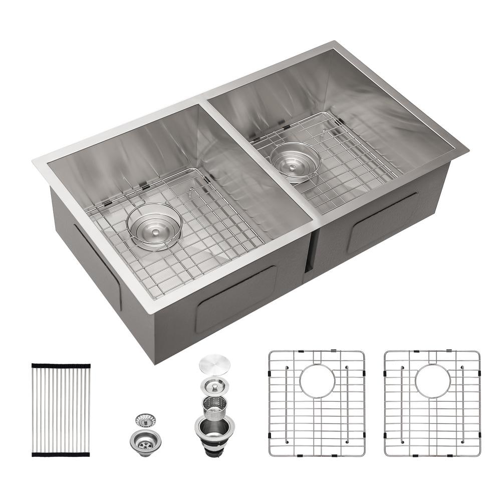 33 in. Undermount Double Bowl 18-Gauge Brushed Nickel Stainless Steel Kitchen Sink with Bottom Grids -  UPIKER, UP2405KSD001