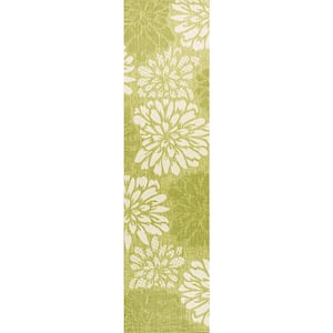 Zinnia Modern Floral Textured Weave Green/Cream 2 ft. x 10 ft. Indoor/Outdoor Area Rug