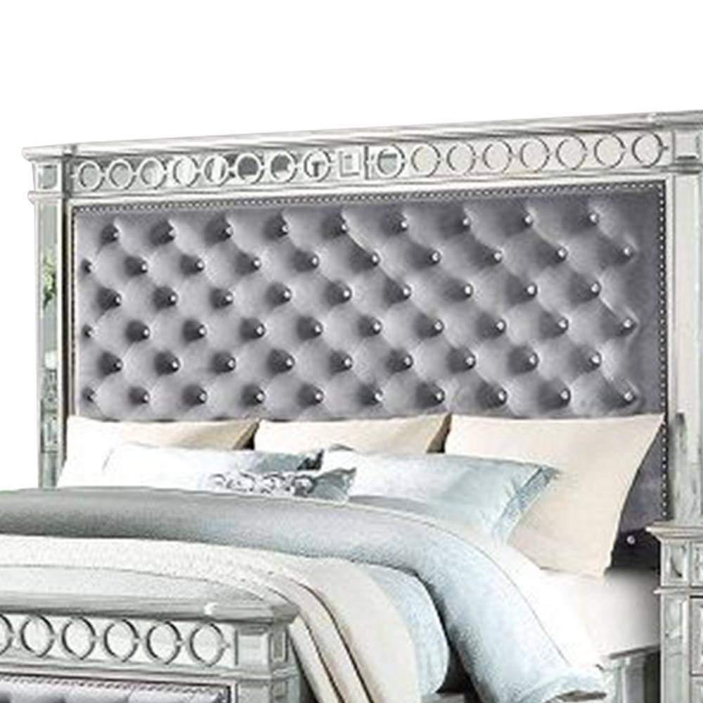 Varian Gray Velvet Upholstered Queen Bed with Mirrored Accents