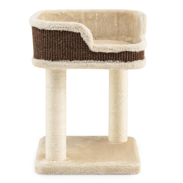 ANGELES HOME Beige Wood Multi-Level Cat Climbing Tree with Scratching Posts and Large Plush Perch