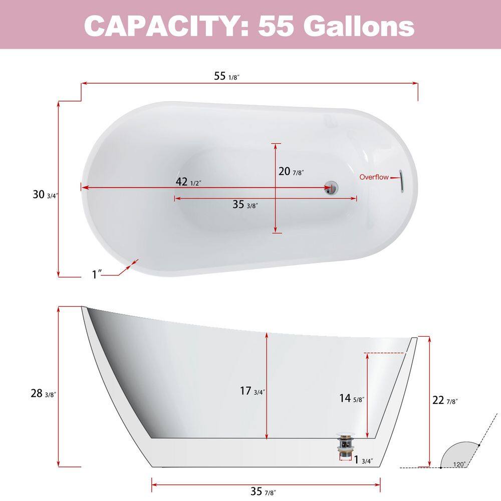55'' White Acrylic Freestanding Single Slipper Bathtub