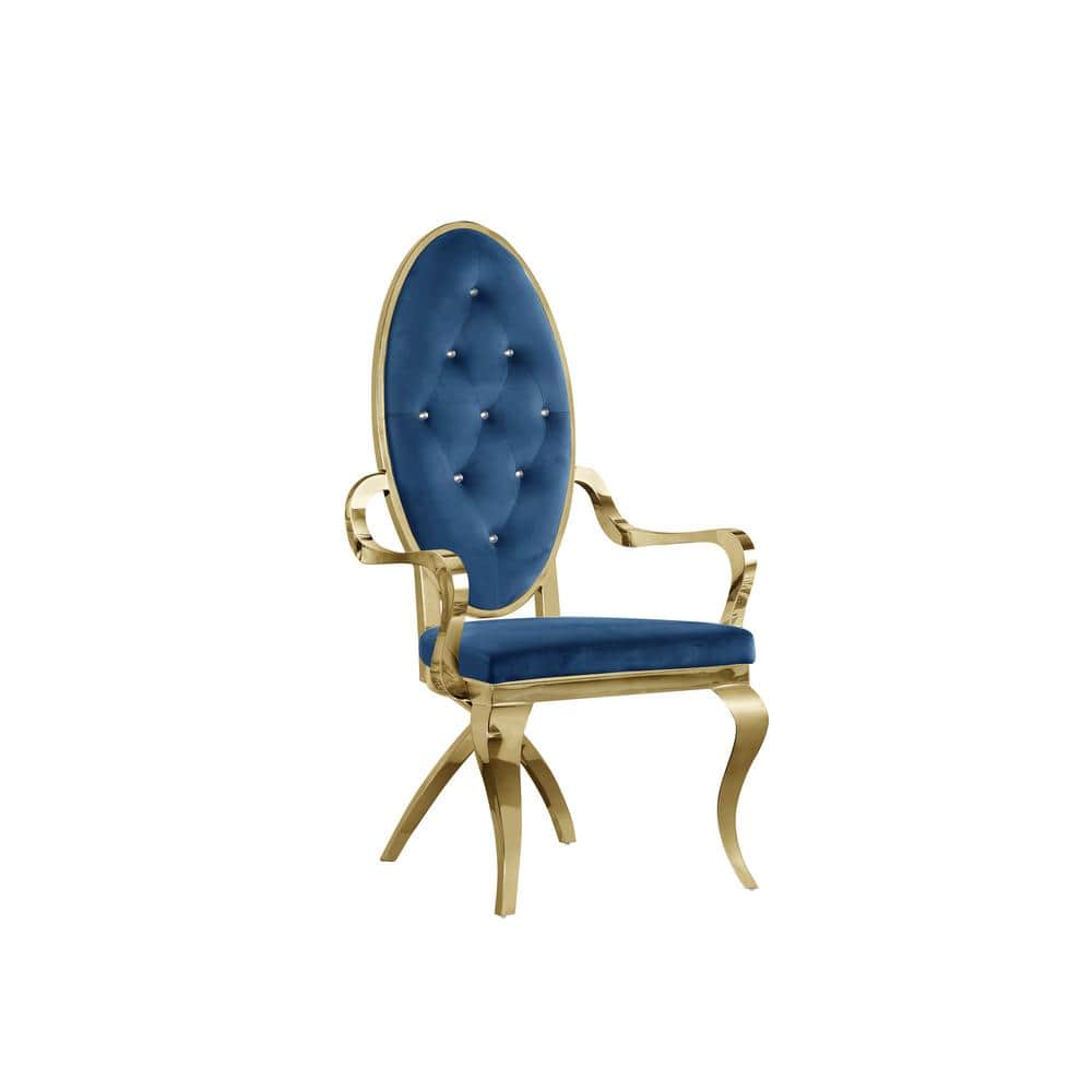 Navy Blue Velvet Tufted Accent Chairs with Gold Stainless Steel Legs (Set of 2)